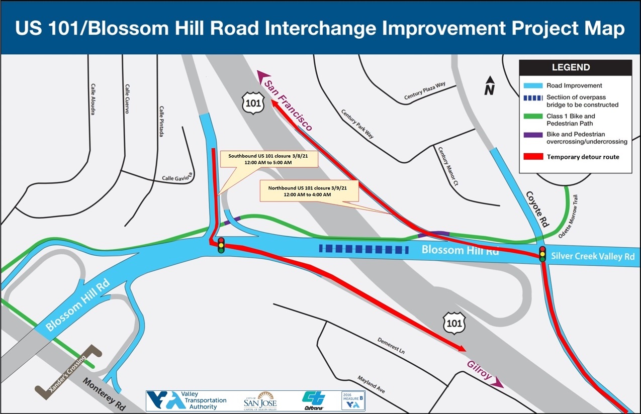 Overnight Freeway Closures on March 8 and 9 for the US 101/Blossom Hill Road Overcrossing VTA